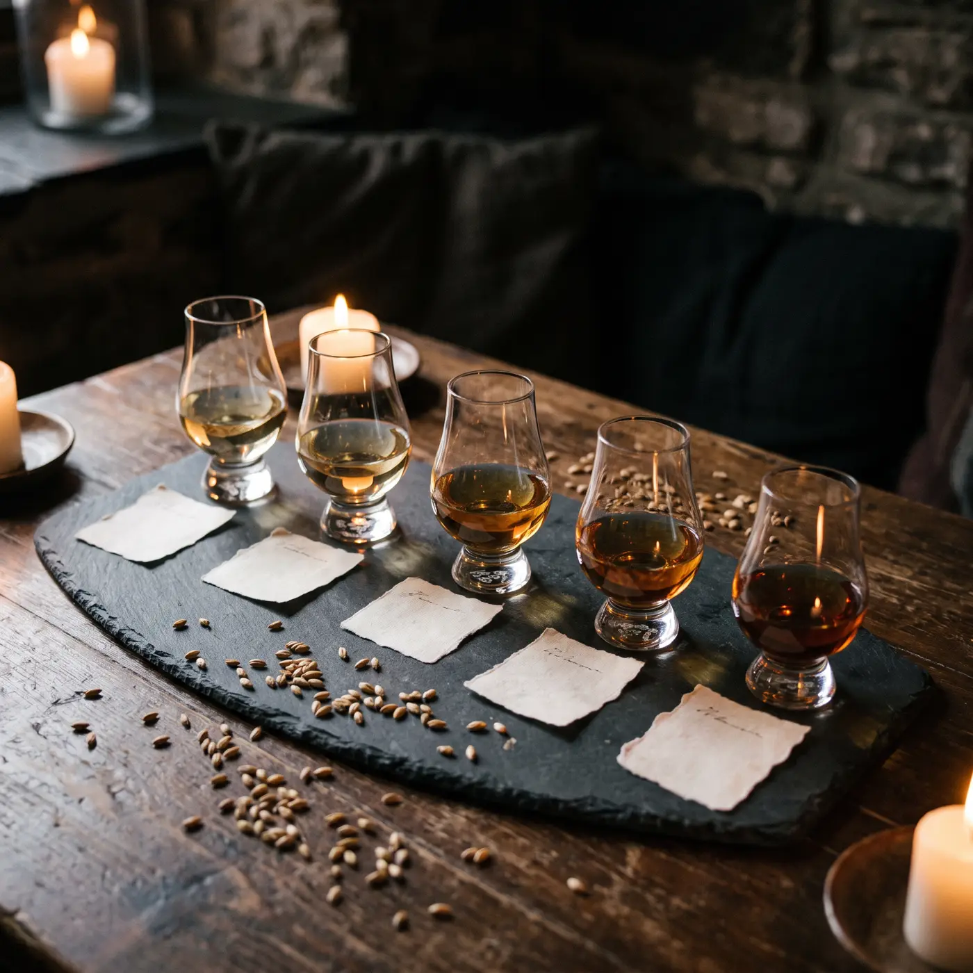 Degustační řada pěti sklenic whisky